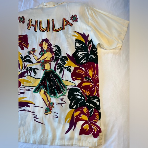 Vtg NWT FAITH Cream shirt blouse Hula Girl Hawaiian Hibiscus sequins woman’s L - Picture 11 of 11